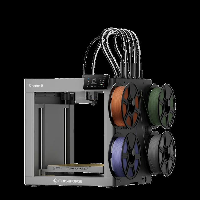 FlashForge Creator 5 3D printer with 4 filament spools and 4 tool heads mounted on top